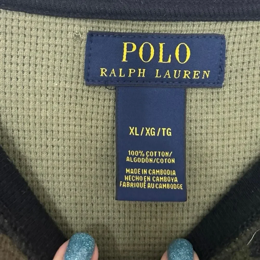 Polo Ralph Lauren Fitted Camo Waffle Knit Thermal Shirt XL Y2K Grunge Streetwear